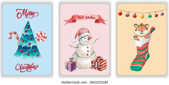 Watercolor Christmas card. Vector illustration. Christmas tree, snowmen, sock, garland, holiday lettering on three greeting cards.