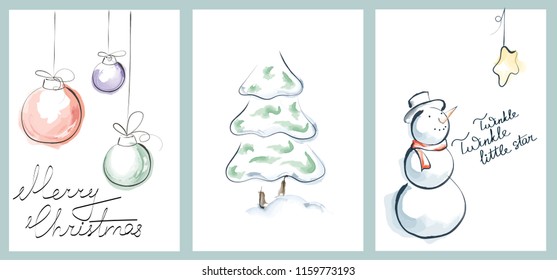 Watercolor christmas cards set. Hand drawn vector illustration for invitations, greeting, postal cards or decoration purposes.