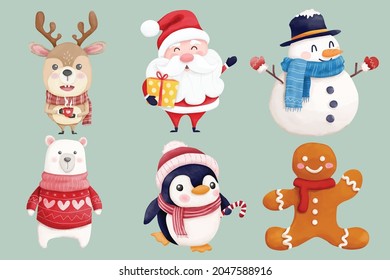 Watercolor christmas characters illustration collection