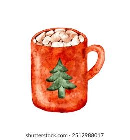 Watercolor Christmas cup of hot cocoa with marshmallows. Red mug with tree isolated white