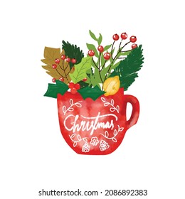 watercolor christmas cup with christmas ornament. quotes of christmas day. trend watercolor