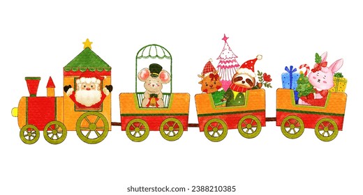 Acuarela Navidad lindos animales bebé y Santa Claus en tren.