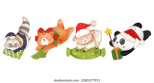 Watercolor christmas cute panda , bear,sheep and sloth cartoon charactor design collection with different on white background.vector illustration