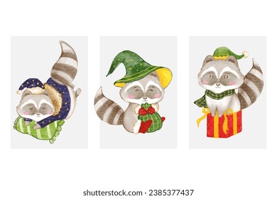 Watercolor christmas cute Raccoon cartoon charactor design collection with different on white background.vector illustration