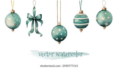 Watercolor Christmas decoration balls vector illustration,Light green and fresh Christmas ornaments, watercolor vector illustration,New Year, Easter
