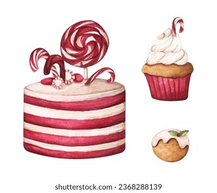 Watercolor Christmas dessert set. Holiday watercolor illustrations.