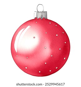 Watercolor Christmas element New Year's ball in red color. Cute winter illustration