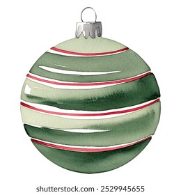 Watercolor Christmas element New Year's ball in green color. Cute winter illustration