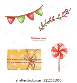 Watercolor Christmas Element, Noel flag, lollipop, Gift box, Watercolor Vector Illustration
