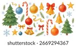 Watercolor Christmas elements: decorated Christmas trees, red and gold balls, candy canes, bells, stars, bows, ribbons, green branches and snowflakes. Festive illustration isolated on white background