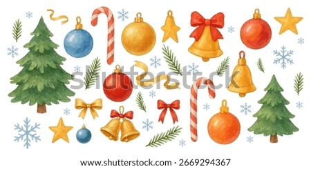 Watercolor Christmas elements: decorated Christmas trees, red and gold balls, candy canes, bells, stars, bows, ribbons, green branches and snowflakes. Festive illustration isolated on white background