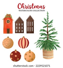 Watercolor Christmas Elements Hand drawn Set Ornament Christmas Tree Scandinavian Style