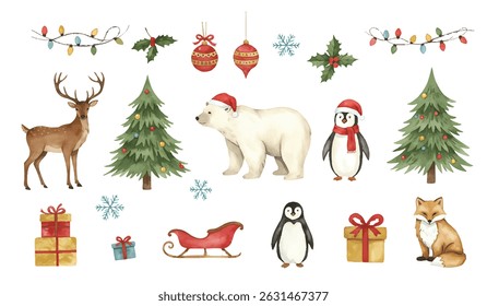 Watercolor Christmas Elements Reindeer, Polar Bear, Penguins, and More