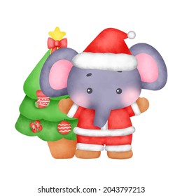 Watercolor christmas elephants for greeting card.