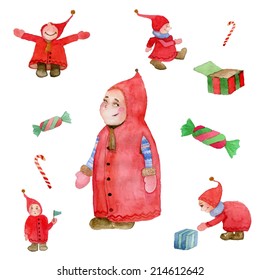 Watercolor Christmas Elf Illustration Set. Vector