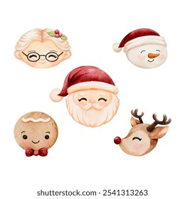 Watercolor Christmas faces with adorable Santa Claus and wife, deer, snowman and ginger bread cartoon character, Perfect for Christmas greeting cards and festive decoration vector