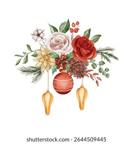 Watercolor Christmas Floral Arrangement with Red and Gold Ornaments