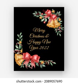 Watercolor christmas floral frame with leaves, berry and Christmas light ball