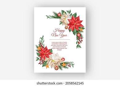 Watercolor christmas floral frame with Poinsettia flower, leaves and Christmas light ball 