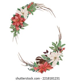 Watercolor Christmas floral frame or winter floral wreath consisting of flowers, leaves, branches and bird. Frame vignette with a bouquet of flowers. Border, background. Perfect for invitation cards