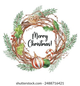 Watercolor Christmas floral Wreath. Hand painted vintage round frame with Christmas balls, pine, holly, berries and  cookies.  Merry Christmas card vector illustration.