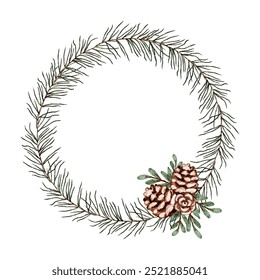 Watercolor Christmas floral wreath. Hand painted vintage round frame with Christmas pine cones