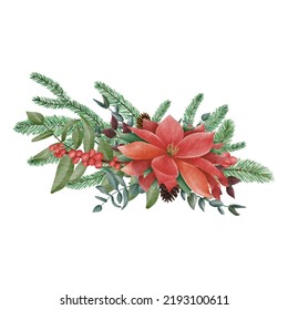 Watercolor christmas flower arrangement. Hand drawn winter bouquets isolated on white. Can be used as print, postcard, element design, greeting card, packaging design, textile, stickers.
