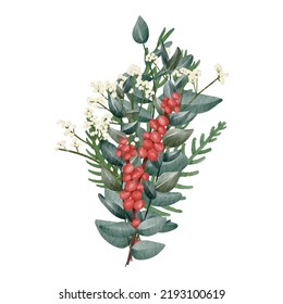 Watercolor christmas flower arrangement. Hand drawn winter bouquets isolated on white. Can be used as print, postcard, element design, greeting card, packaging design, textile, stickers.