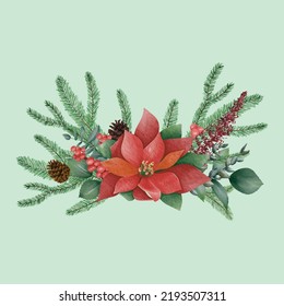 Watercolor christmas flower arrangement. Hand drawn winter bouquets isolated on white. Can be used as print, postcard, element design, greeting card, packaging design, textile, stickers.