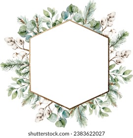 Margen navideño acuarela con ramas de abeto, hojas, pino, algodón. Pancarta de invierno verde para tarjetas de navidad.Vector. Frontera dorada hexagonal. Tarjeta de planta pintada a mano con eucalipto, ramas de cristiano