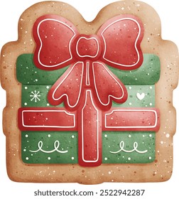 Watercolor Christmas Gift Box Cookie Vector Illustration Isolated on White Background