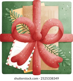 Watercolor Christmas Gift Box Illustration Vector Isolated on White Background	