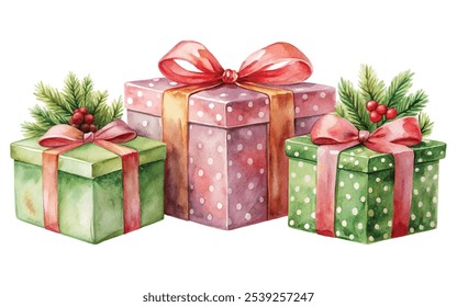 watercolor Christmas gift box Set isolated from background