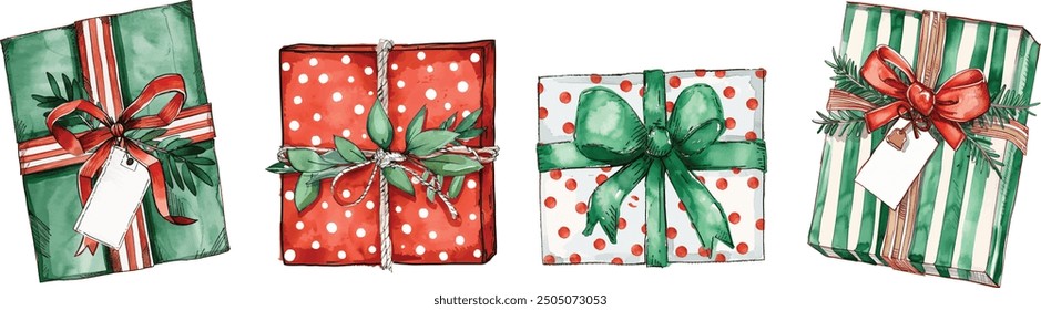 Watercolor Christmas Gift Box ,Winter Holiday Elements, New Year Present box collection,Xmas Present, Valentines pink and red gift box, isolated on white background