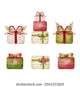 Watercolor Christmas Gift Boxes ,Winter Holiday Elements, New Year Present boxes collection, Perfect for Christmas greeting cards and festive decoration vector