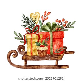 Watercolor Christmas gifts arranged on a wooden sleigh with festive decorations and greenery vector