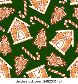 Watercolor Christmas gingerbread cookies seamless pattern on green background