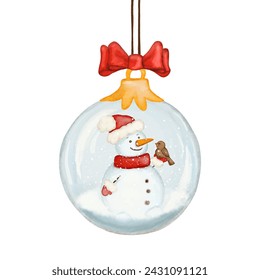 Bola transparente de cristal de la Navidad de la acuarela con copos de nieve y muñeco de nieve. Lindo diseño