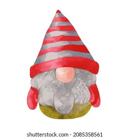 Watercolor Christmas gnome in colorful warm hat