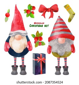 Watercolor Christmas gnome in colorful warm hat