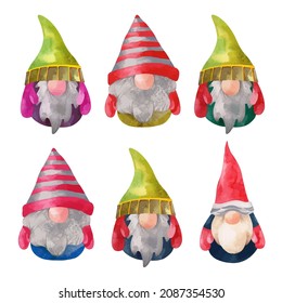 Watercolor Christmas gnome in colorful warm hat