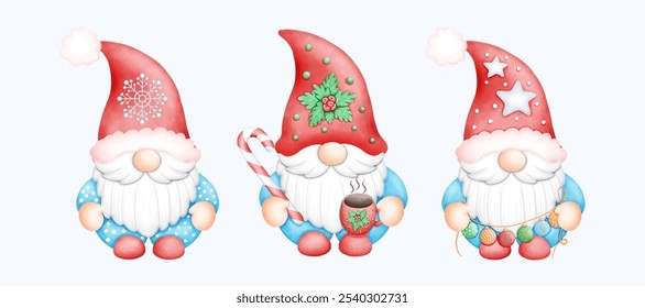 Watercolor Christmas gnome with a cute and festive design, ideal for holiday decor and Christmas themed projects. This hand drawn gnome illustration brings joy to winter celebrations.