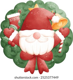 Watercolor Christmas Gnome in Christmas Wreath Vector Illustration Isolated on White Background