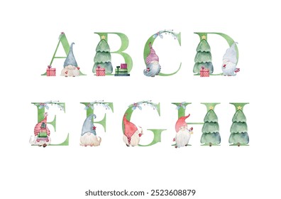 Watercolor christmas gnomes vector letters for invitation card, nursery poster and other. Wall art decor.