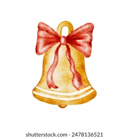 Watercolor Christmas gold bell with red bow, symbol new year vector cut out from background