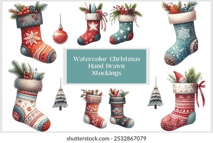 watercolor Christmas Hand drawn Stockings with Different Designs