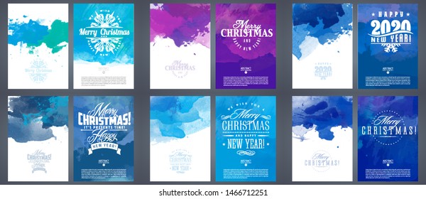 watercolor christmas and happy new year greeting card template big bundle set color happy colour water classic vacation texture snow winter colourful holiday background scene edge colorful new ceremon