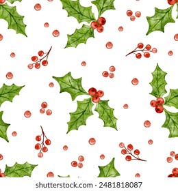 Watercolor Christmas holly seamless pattern green leaves and red berries on a white background. For prints, packaging, textile