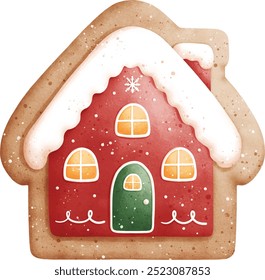 Watercolor Christmas House Cookie Vector Illustration Isolated on White Background