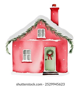 Watercolor Christmas house. Fairy scandi winter house. Cute childish winter illustration